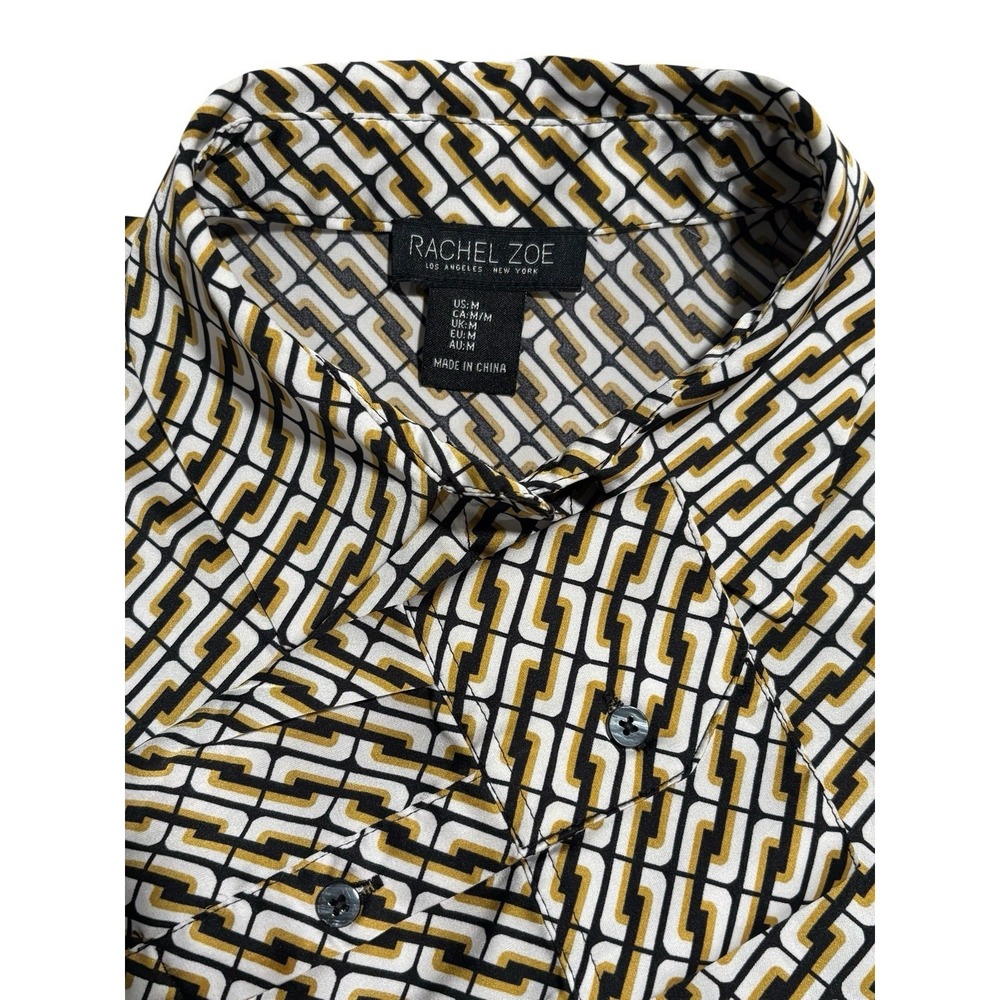 Rachel Zoe black/gold/white Geometric print satin button down blouse Size Medium